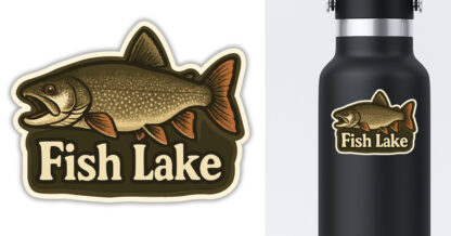 Fish Lake sticker of a trout displayed on a water bottle