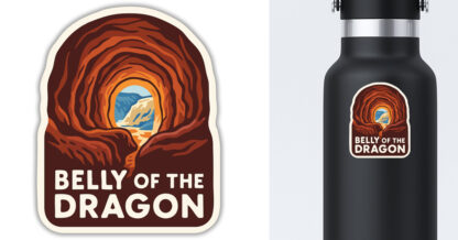 Sticker featuring the view exiting Belly Of The Dragon displayed on a water bottle