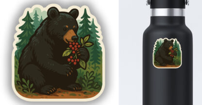 Sticker of a black bear eating berries displayed on a water bottle