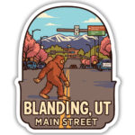 Sticker of Bigfoot walking the streets of Blanding, UT