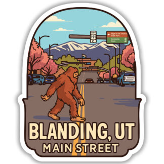 Sticker of Bigfoot walking the streets of Blanding, UT