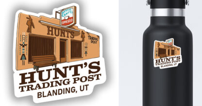 Hunt's Trading Post sticker displayed on a water bottle