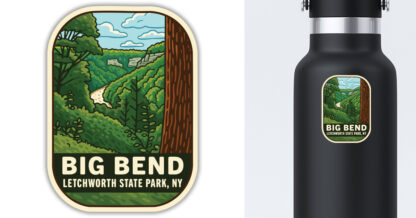 Letchworth State Park sticker featuring a view of the Big Bend displayed on a water bottle
