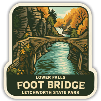 Letchworth State Park sticker featuring a view of the foot bridge