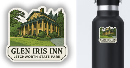 Letchworth State Park sticker featuring a view of the Glen Iris Inn displayed on a water bottle