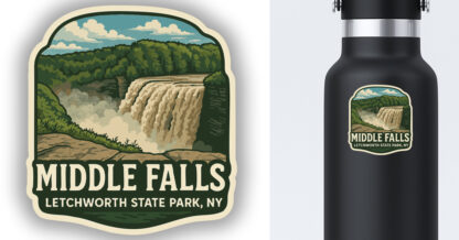 Letchworth State Park sticker featuring a view of the middle falls displayed on a water bottle