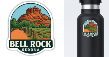 Sedona sticker featuring the view of Bell Rock displayed on a water bottle