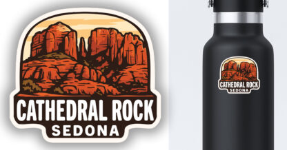 Sedona sticker featuring the view of Cathedral Rock displayed on a water bottle