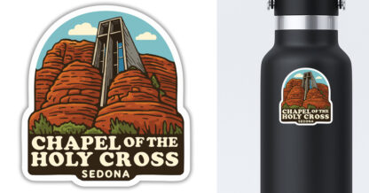 Sedona sticker featuring the view of Chapel Of The Holy Cross displayed on a water bottle