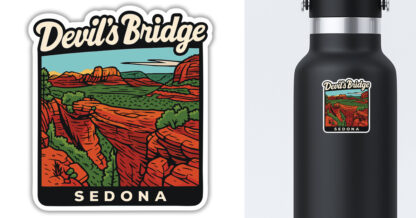 Sedona sticker featuring the view of Devils Bridge displayed on a water bottle