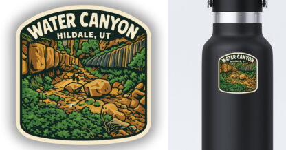 Water Canyon sticker displayed on a a water bottle