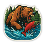 Grizzly Bear Sticker eating salmon in river