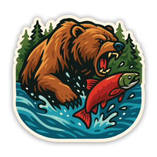 Grizzly Bear Sticker eating salmon in river