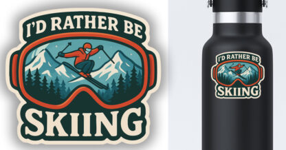 Sticker of ski goggles and the words "I'd rather be skiing", displayed on a water bottle