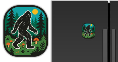 Magnet of Sasquatch in the forrest, displayed on a refrigerator