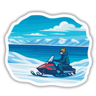 Sticker of a snowmobile by the lake
