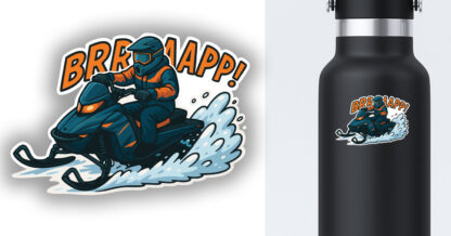 Sticker of snowmobile in action displayed on a waterbottle