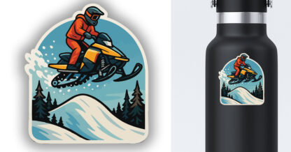 Sticker of a snowmobile going of a jump displayed on a water bottle