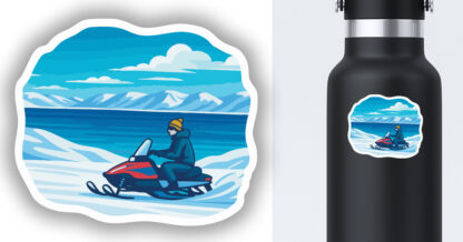 Sticker of a snowmobile by the lake displayed on a water bottle