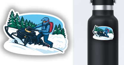 Stand up snowmobile sticker displayed on a water bottle