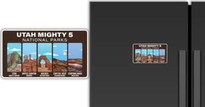 magnet featuring the Utah Mighty 5 National Parks, displayed on a refrigerator