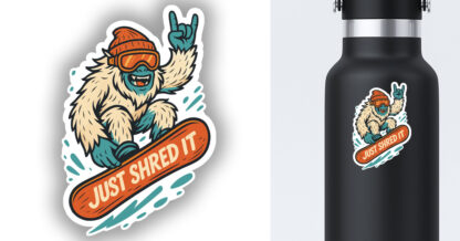 Sticker on a water bottle of Yeti getting air with the words "Just Shred It" on its snowboard
