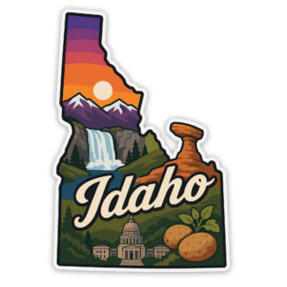 Idaho State Shaped sticker with landscapes