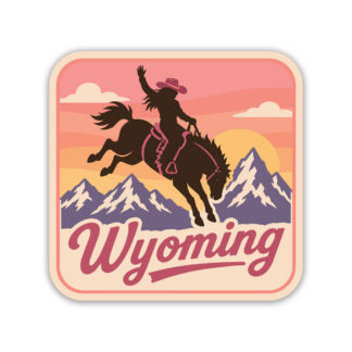 Wyoming Sticker with Cowgirl and Mountains